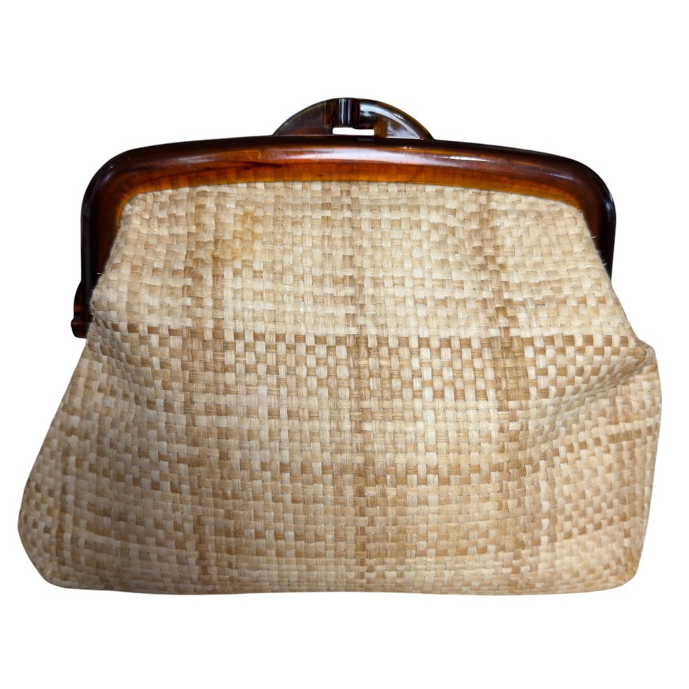 Tibor Handbags Vintage Straw Clutch Faux Tortoise Lucite Frame Bag Tan Woven